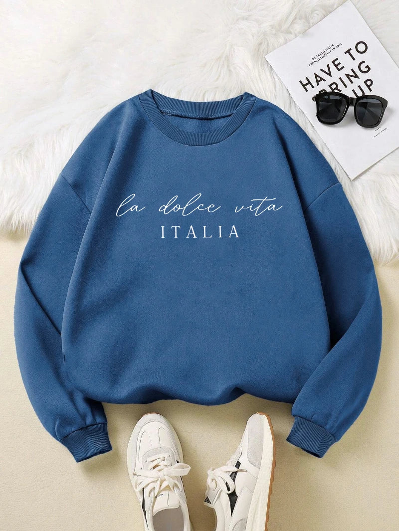 La Dolce Vita Italia Printed Womens Sweatshirt Crewneck Y2K Loose Clothing Multicolor Casual Pullover Fleece All-Match Top