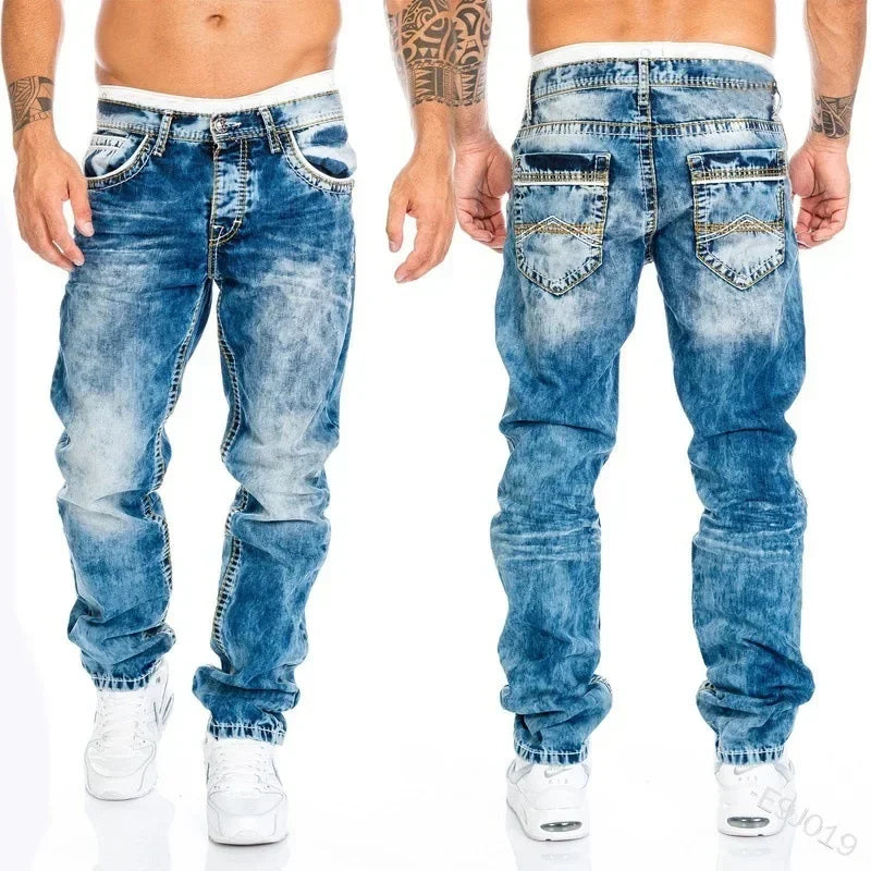 Denim Ripped Jeans Men Patchwork Skinny Wash Pencil Straight Pants Punk Ankle Length Biker Hip Hop Men's Pockets Streetwear
