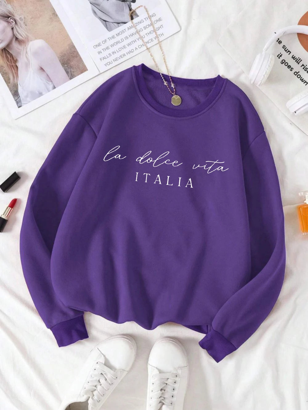 La Dolce Vita Italia Printed Womens Sweatshirt Crewneck Y2K Loose Clothing Multicolor Casual Pullover Fleece All-Match Top