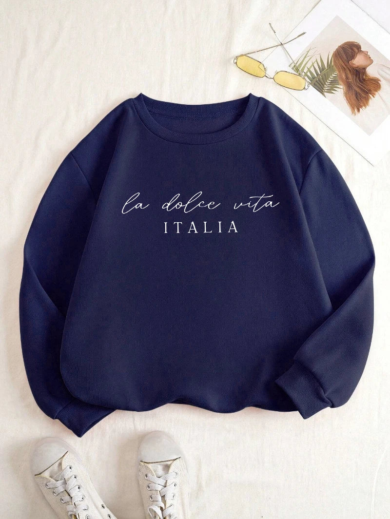 La Dolce Vita Italia Printed Womens Sweatshirt Crewneck Y2K Loose Clothing Multicolor Casual Pullover Fleece All-Match Top