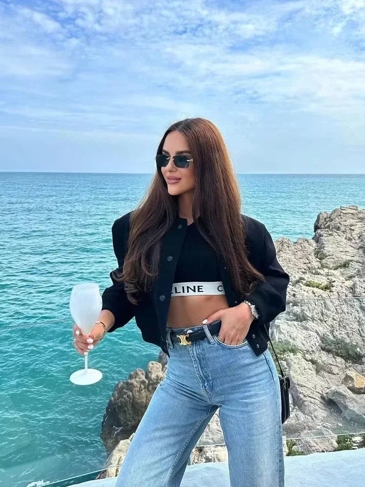 HXAO Woman Bomber Jacket Coat White Autumn Winter Button Baseball Aviator Cropped Jackets for Women Long Sleeve Crop Outerwear