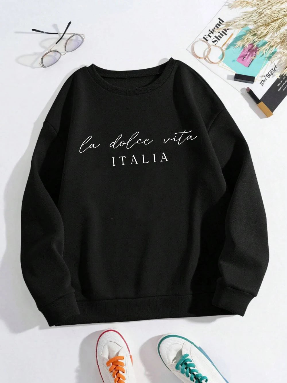 La Dolce Vita Italia Printed Womens Sweatshirt Crewneck Y2K Loose Clothing Multicolor Casual Pullover Fleece All-Match Top