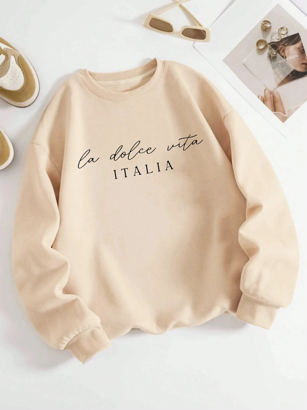 La Dolce Vita Italia Printed Womens Sweatshirt Crewneck Y2K Loose Clothing Multicolor Casual Pullover Fleece All-Match Top