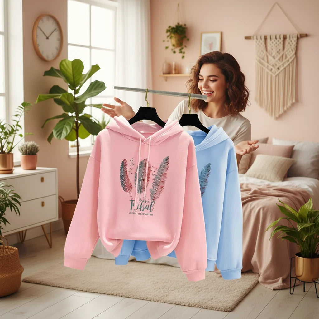 Women Fashion Feather Printed Hoodies Autumn Winter Plus Velvet Casual Loose Sweatshirt