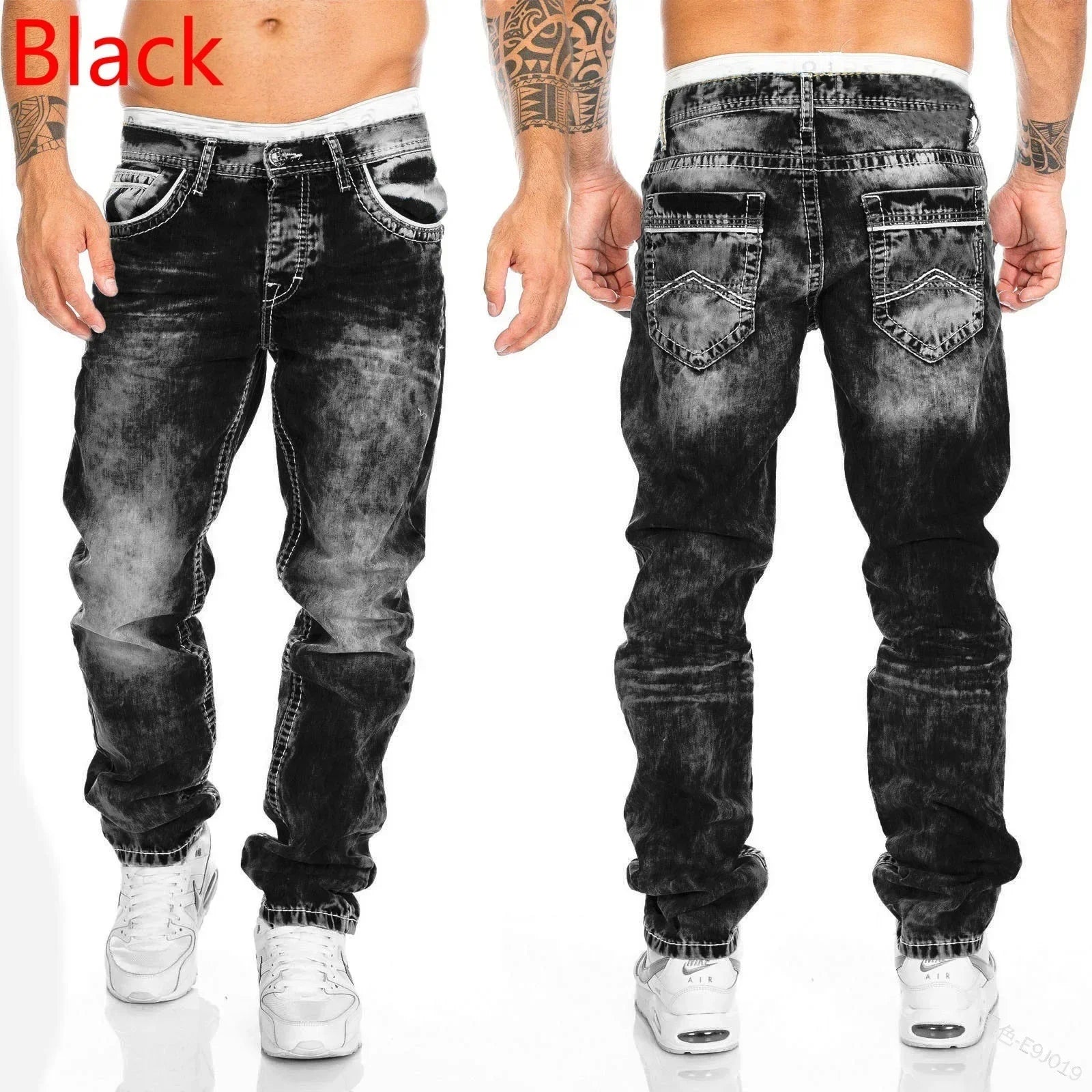 Denim Ripped Jeans Men Patchwork Skinny Wash Pencil Straight Pants Punk Ankle Length Biker Hip Hop Men's Pockets Streetwear