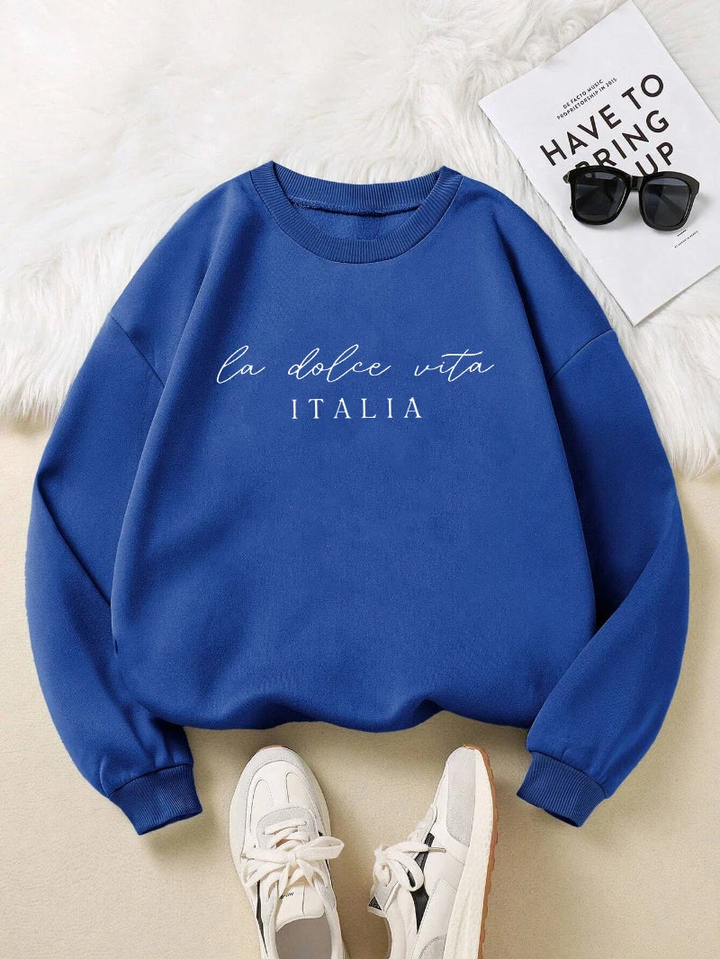 La Dolce Vita Italia Printed Womens Sweatshirt Crewneck Y2K Loose Clothing Multicolor Casual Pullover Fleece All-Match Top