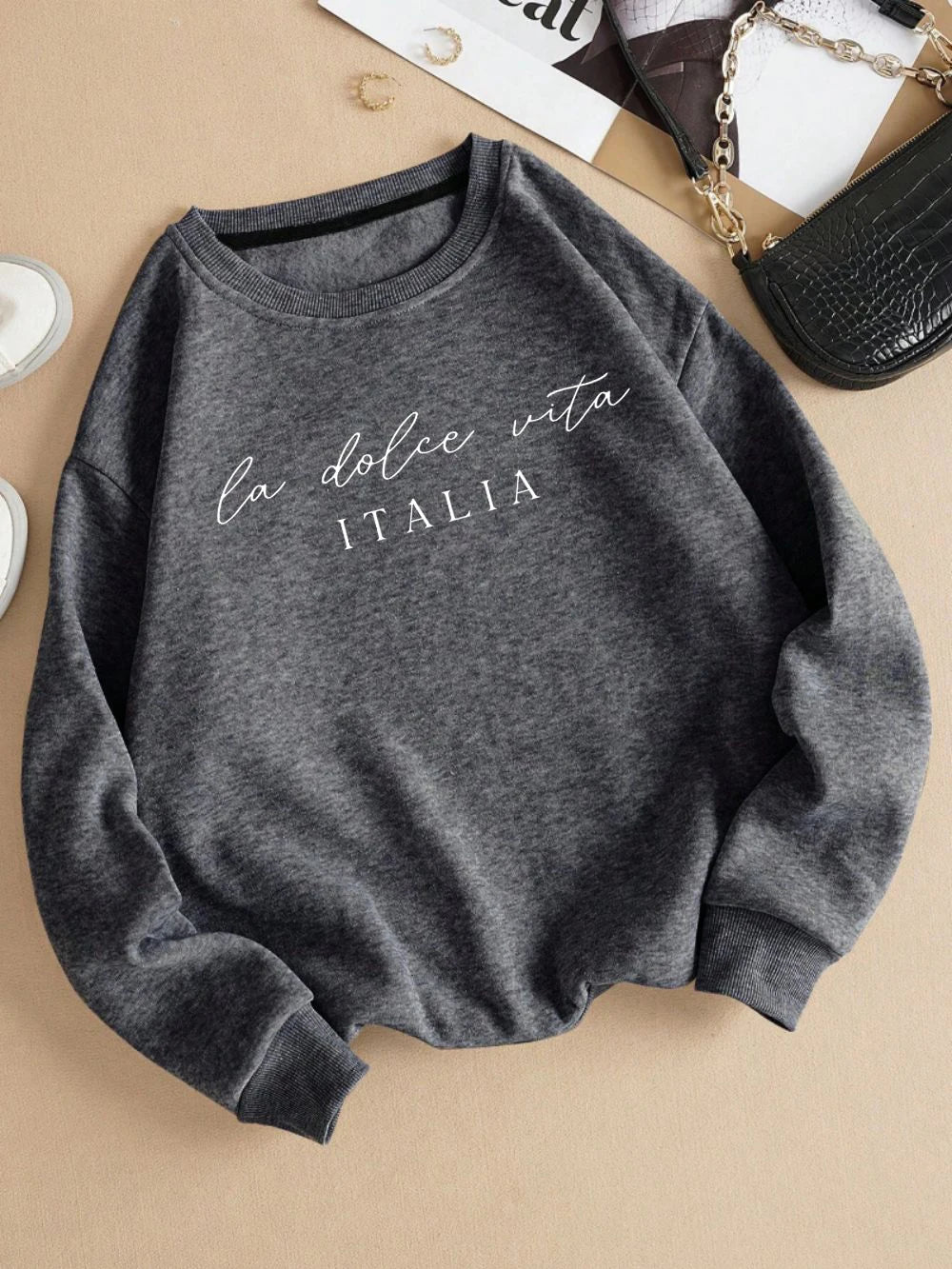 La Dolce Vita Italia Printed Womens Sweatshirt Crewneck Y2K Loose Clothing Multicolor Casual Pullover Fleece All-Match Top