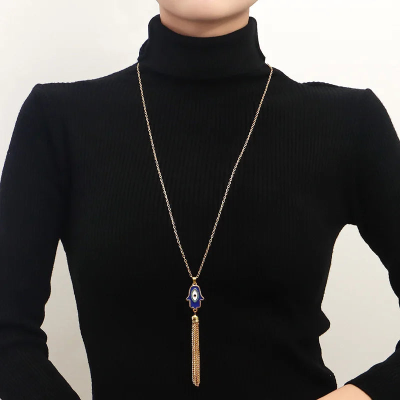 New Vintage Butterfly Pearl Tassel Clavicle Chain for Women Simple Crystal Flower Pendant Long Necklace Evil Eye Sweater Chain