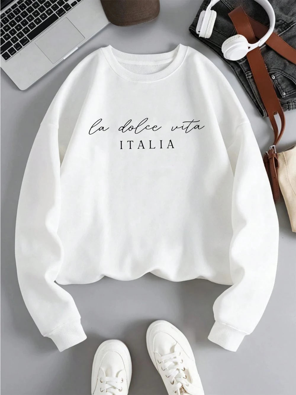 La Dolce Vita Italia Printed Womens Sweatshirt Crewneck Y2K Loose Clothing Multicolor Casual Pullover Fleece All-Match Top