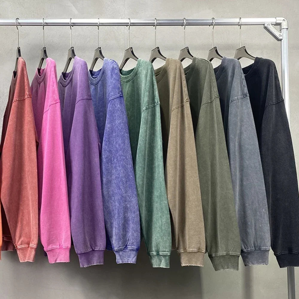 Thick Washed Sweatshirt for Men Women Cotton Loose O-Neck Oversized Clothing Korean Y2k Tops Casual Vintage Long Sleeve Hoody