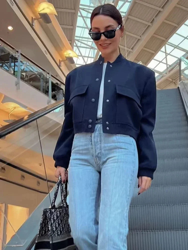 HXAO Woman Bomber Jacket Coat White Autumn Winter Button Baseball Aviator Cropped Jackets for Women Long Sleeve Crop Outerwear