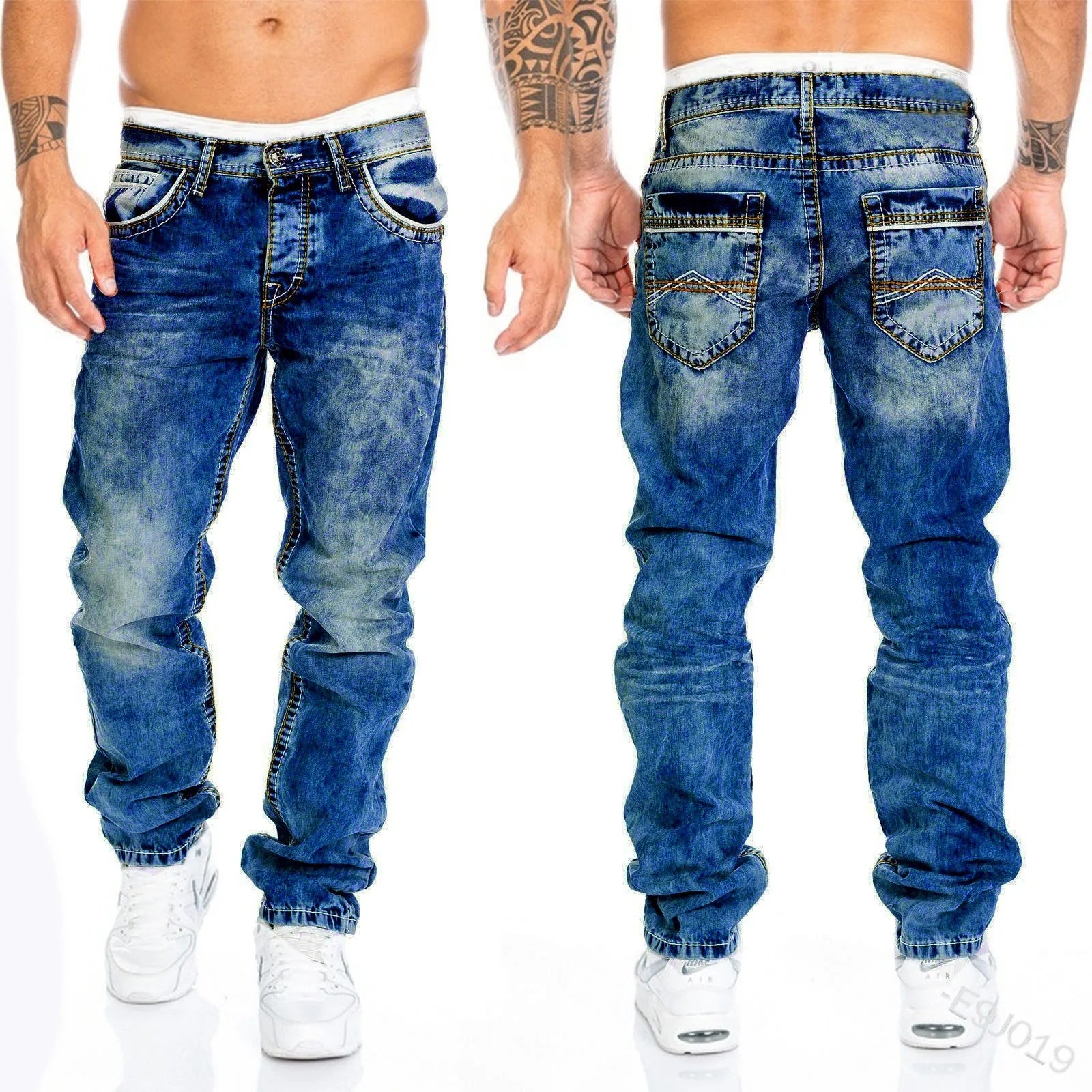 Denim Ripped Jeans Men Patchwork Skinny Wash Pencil Straight Pants Punk Ankle Length Biker Hip Hop Men's Pockets Streetwear