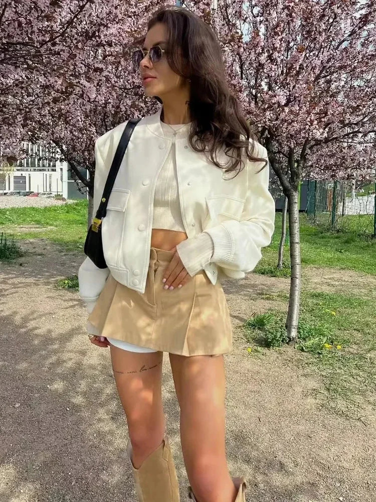 HXAO Woman Bomber Jacket Coat White Autumn Winter Button Baseball Aviator Cropped Jackets for Women Long Sleeve Crop Outerwear