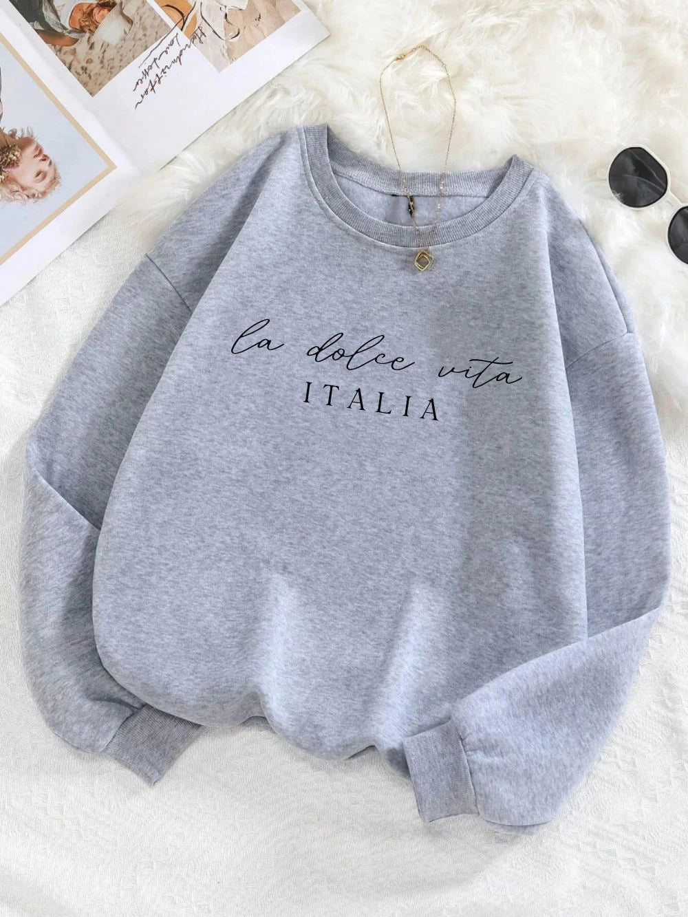 La Dolce Vita Italia Printed Womens Sweatshirt Crewneck Y2K Loose Clothing Multicolor Casual Pullover Fleece All-Match Top